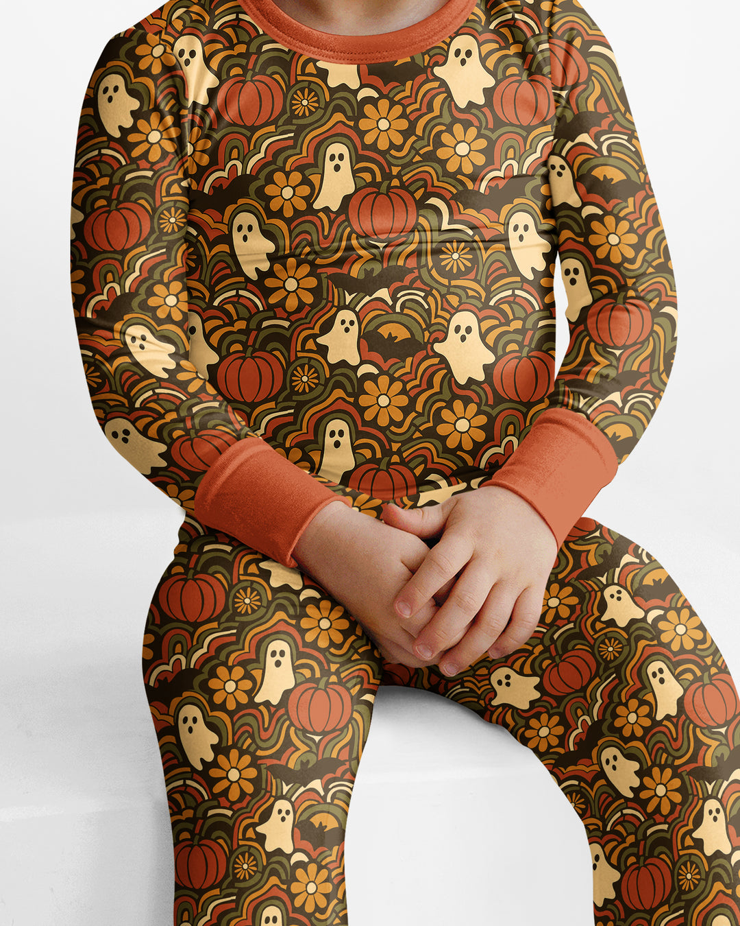 Retro Halloween Ghost Pumpkin Floral Bamboo Two Piece Long Sleeve Pajama Set