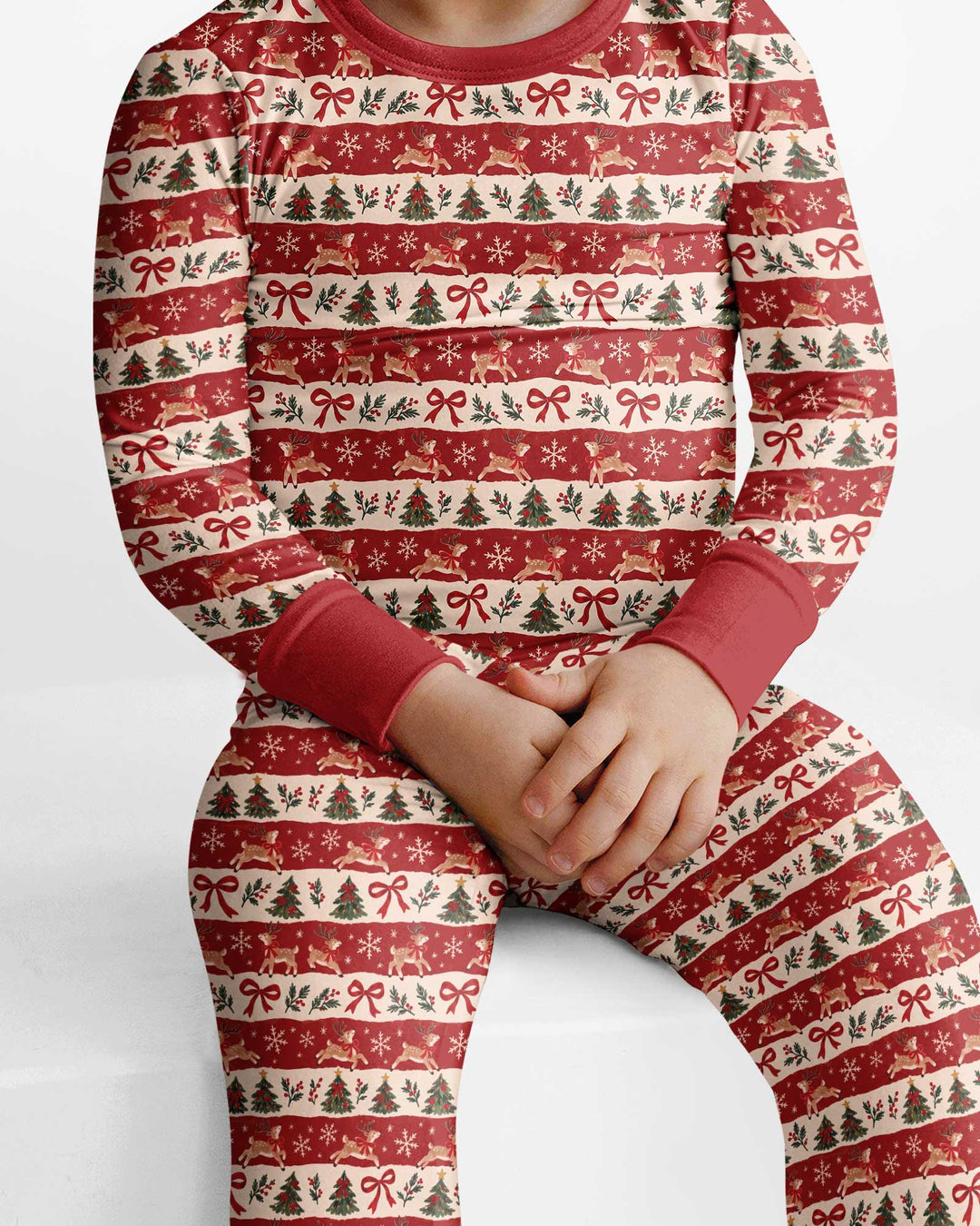 Vintage Reindeer Christmas Stripes Bamboo Two Piece Long Sleeve Pajama Set