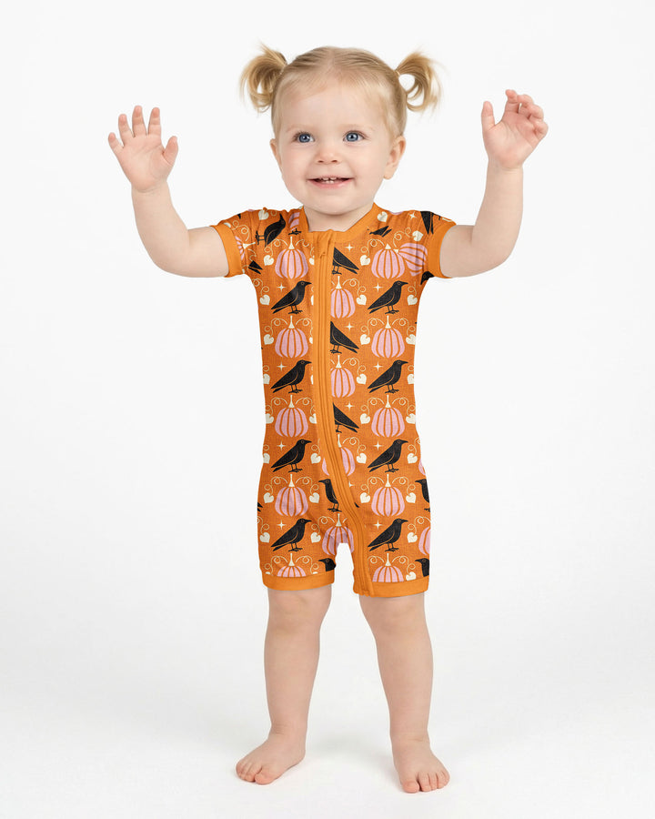 Ravens in a Pumpkin Patch - Orange Pink Bamboo Shorty Zippy