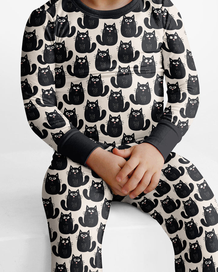 Moody Black Cats in Black and White Bamboo Two Piece Long Sleeve Pajama Set