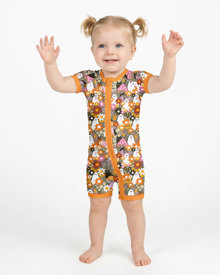 Retro Ghost Mushroom Floral Halloween Bamboo Shorty Zippy