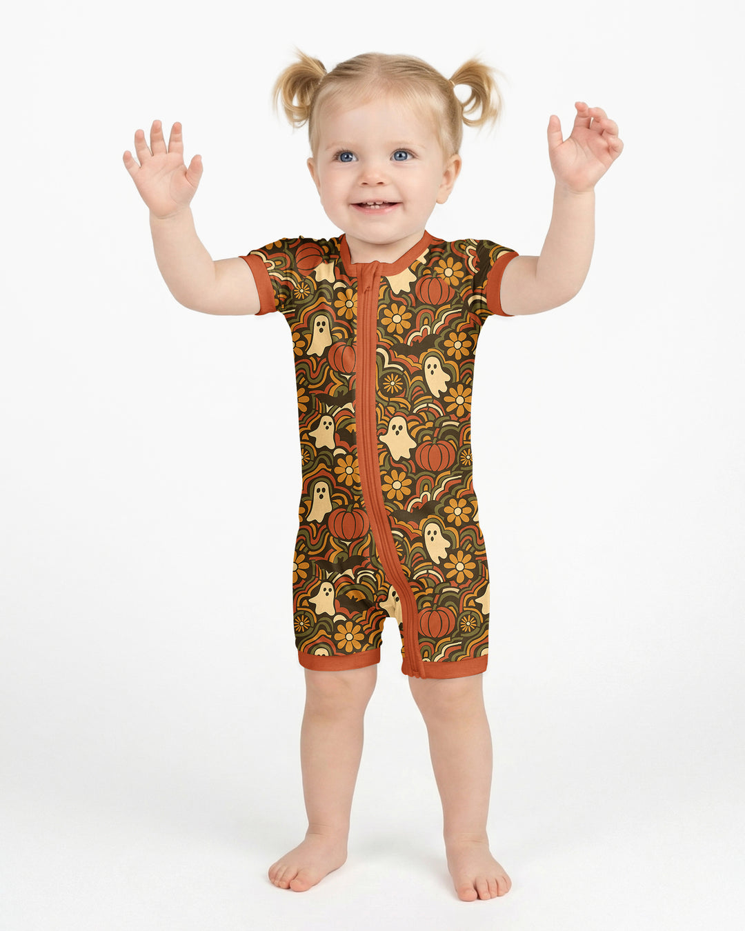 Retro Halloween Ghost Pumpkin Floral Bamboo Shorty Zippy