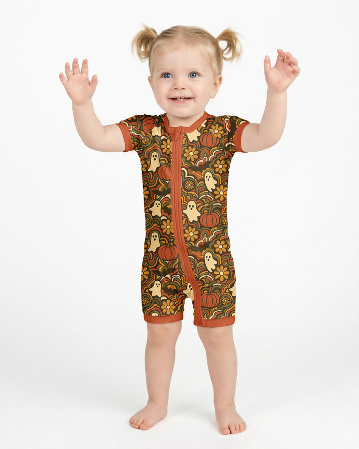 Retro Halloween Ghost Pumpkin Floral Bamboo Shorty Zippy