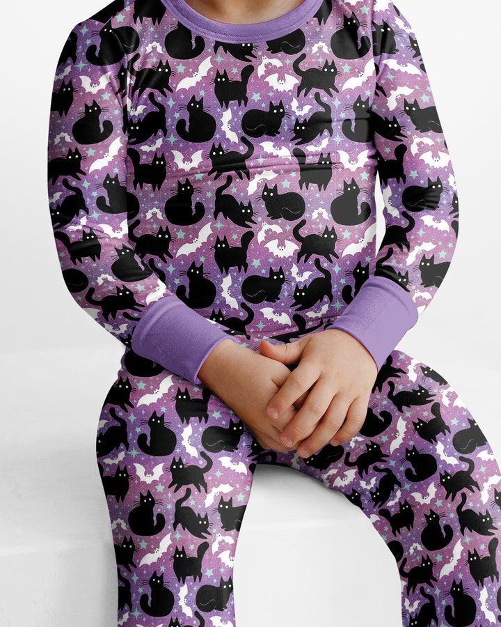 Spooky Black Cat Halloween Purple Bats Bamboo Two Piece Long Sleeve Pajama Set
