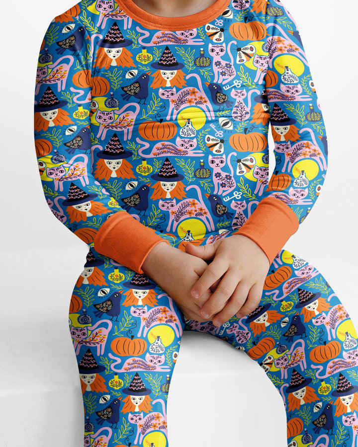 Whimsical Witch Cats Bamboo Two Piece Long Sleeve Pajama Set