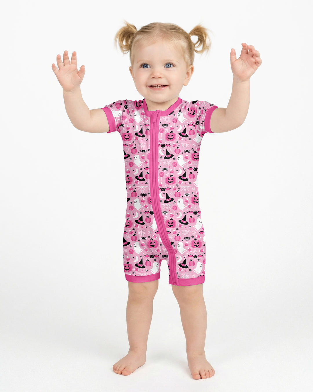 Cute Pink Halloween Ghost Pumpkin Witch Bamboo Shorty Zippy