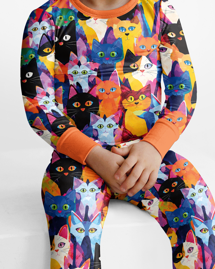 Cartoon Abstract Kitten Pattern Bamboo Two Piece Long Sleeve Pajama Set