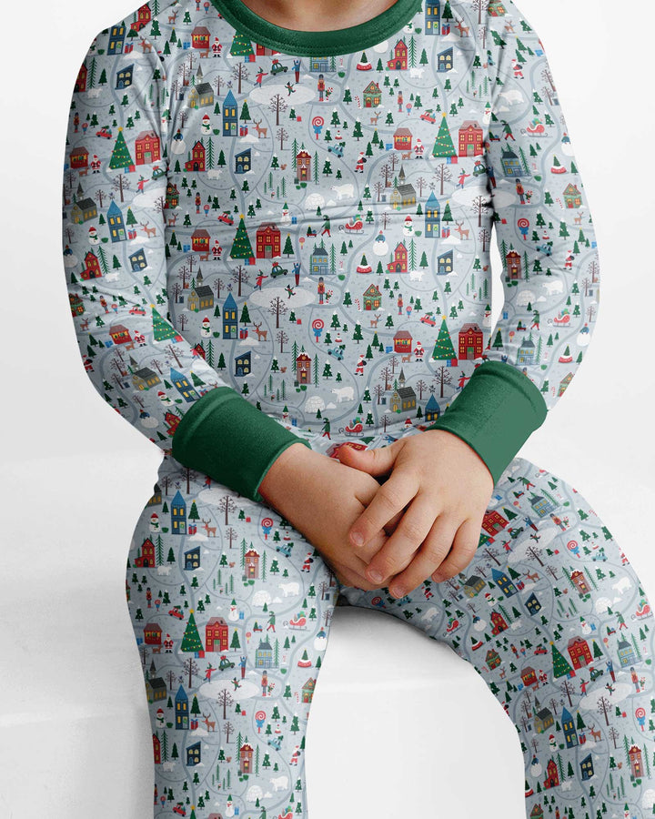 Snowy Christmas Village Map Bamboo Two Piece Long Sleeve Pajama Set