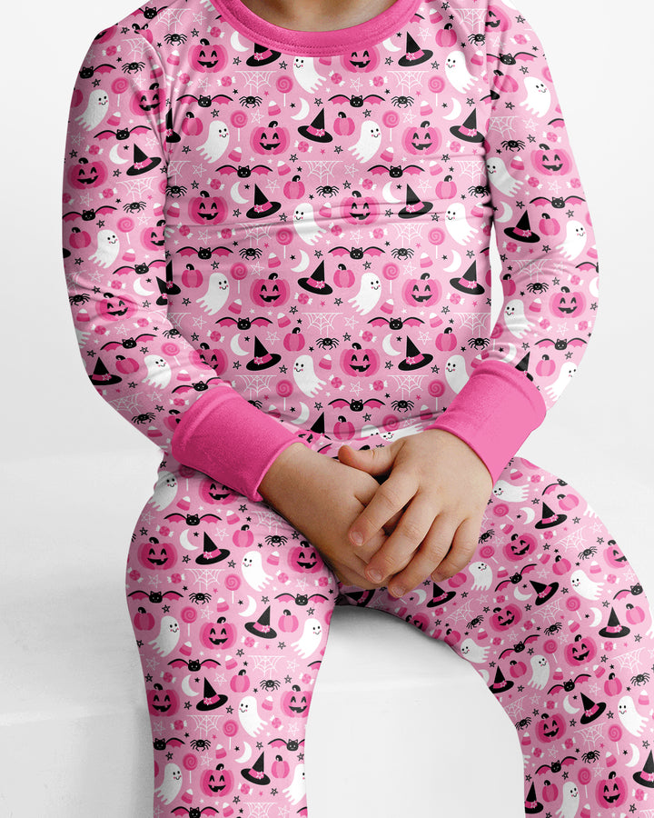 Cute Pink Halloween Ghost Pumpkin Witch Bamboo Two Piece Long Sleeve Pajama Set