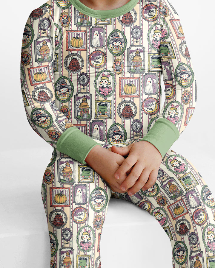 Vintage Halloween Ghost Pumpkin Portraits Bamboo Two Piece Long Sleeve Pajama Set