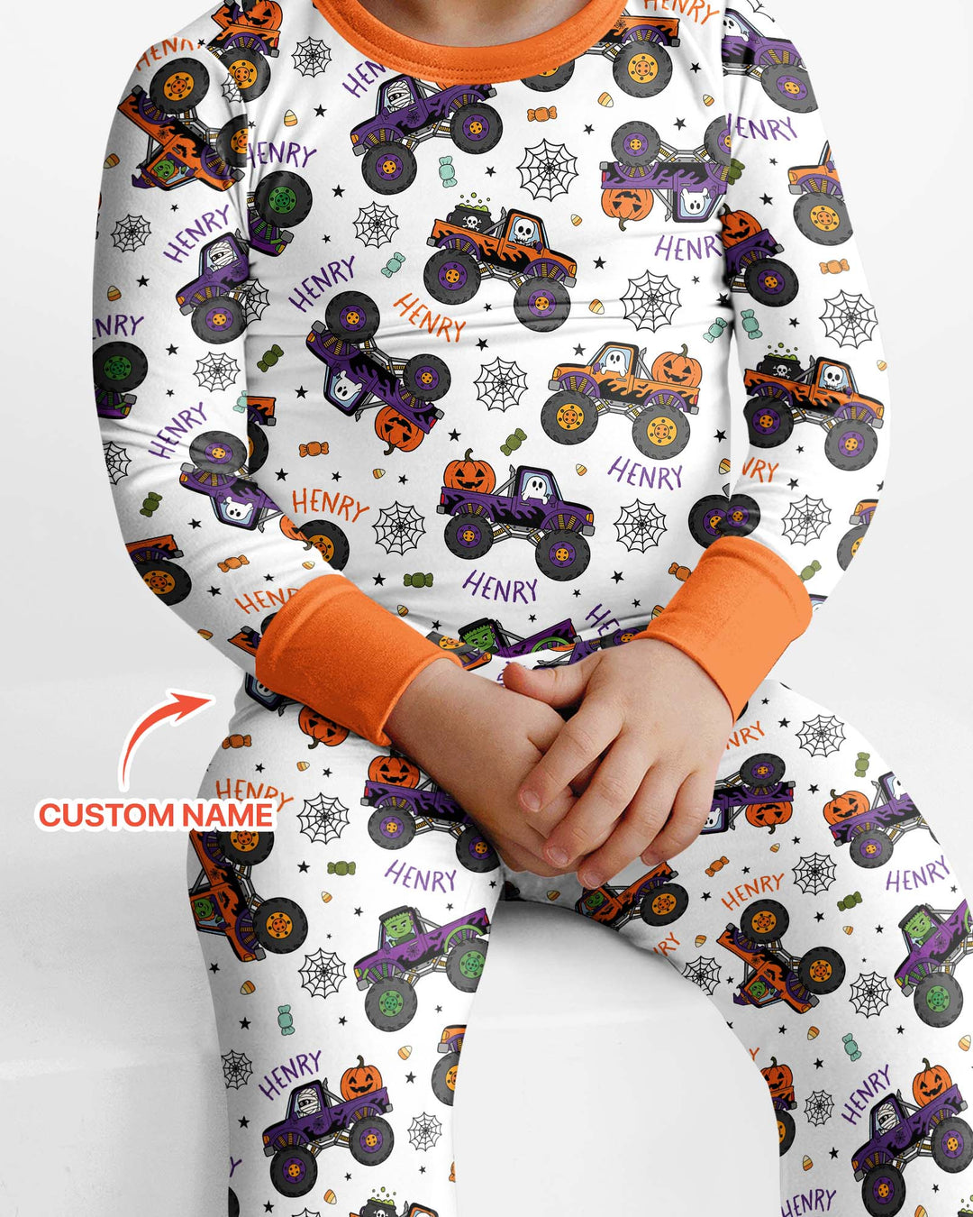 Custom Name Halloween Monster Truck Bamboo Two Piece Long Sleeve Pajama Set