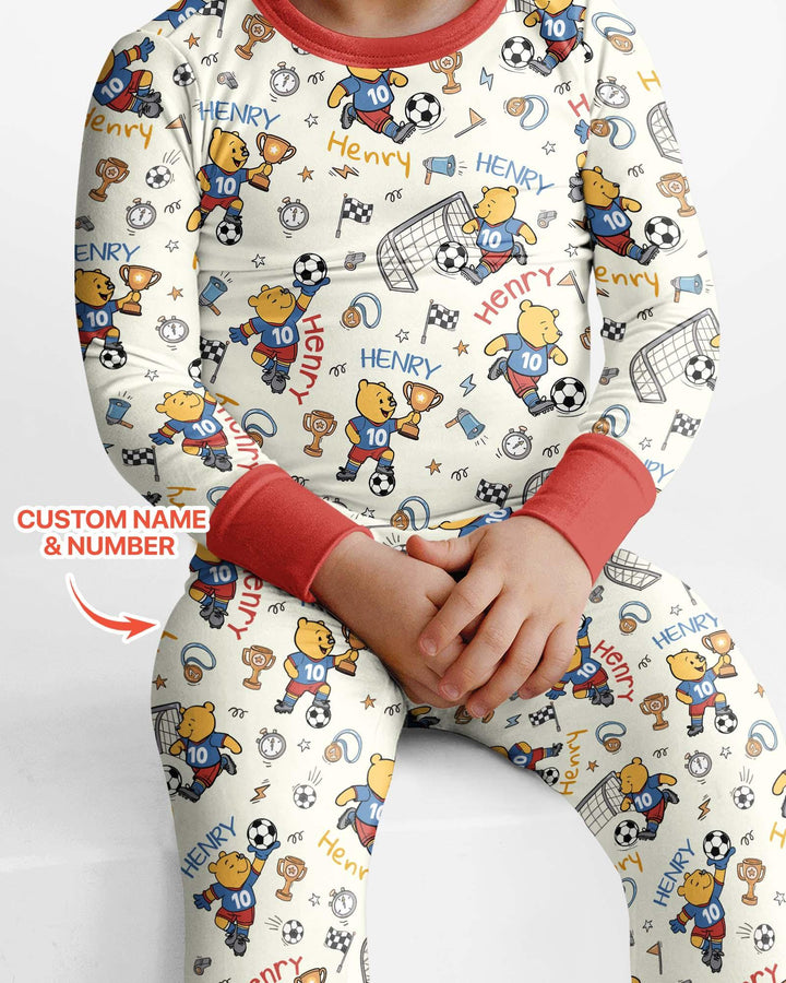 Personalized Classic Bear World Soccer Bamboo Two Piece Long Sleeve Pajama Set