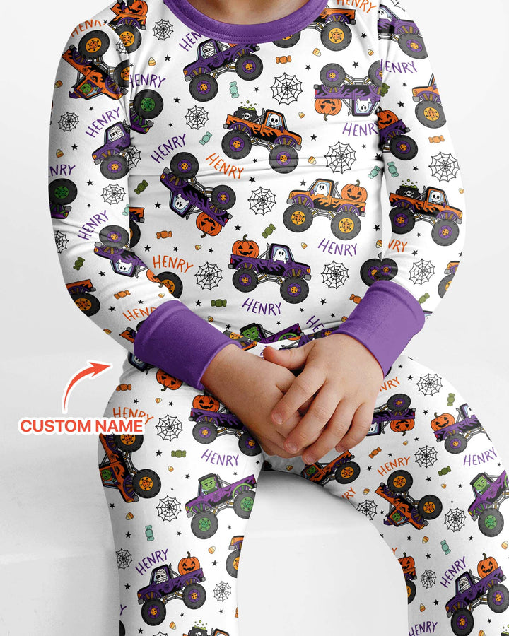Custom Name Halloween Monster Truck Bamboo Two Piece Long Sleeve Pajama Set
