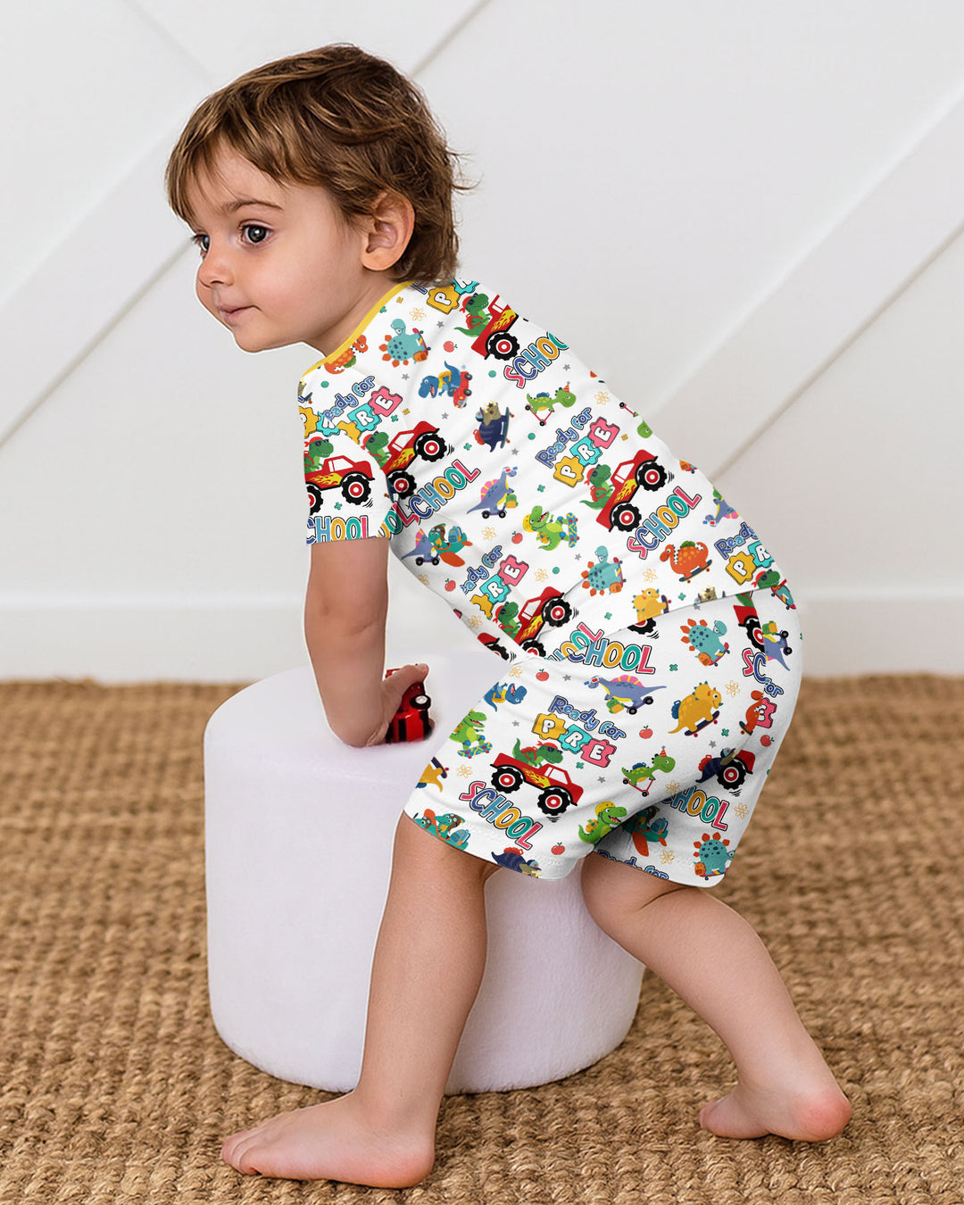 First Day of Preschool T-Rex Bamboo Two Piece Short Sleeve Shorts Pajama Set