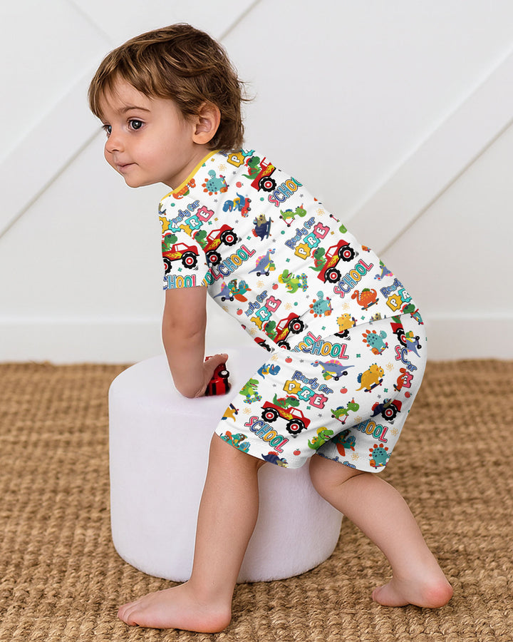 First Day of Preschool T-Rex Bamboo Two Piece Short Sleeve Shorts Pajama Set