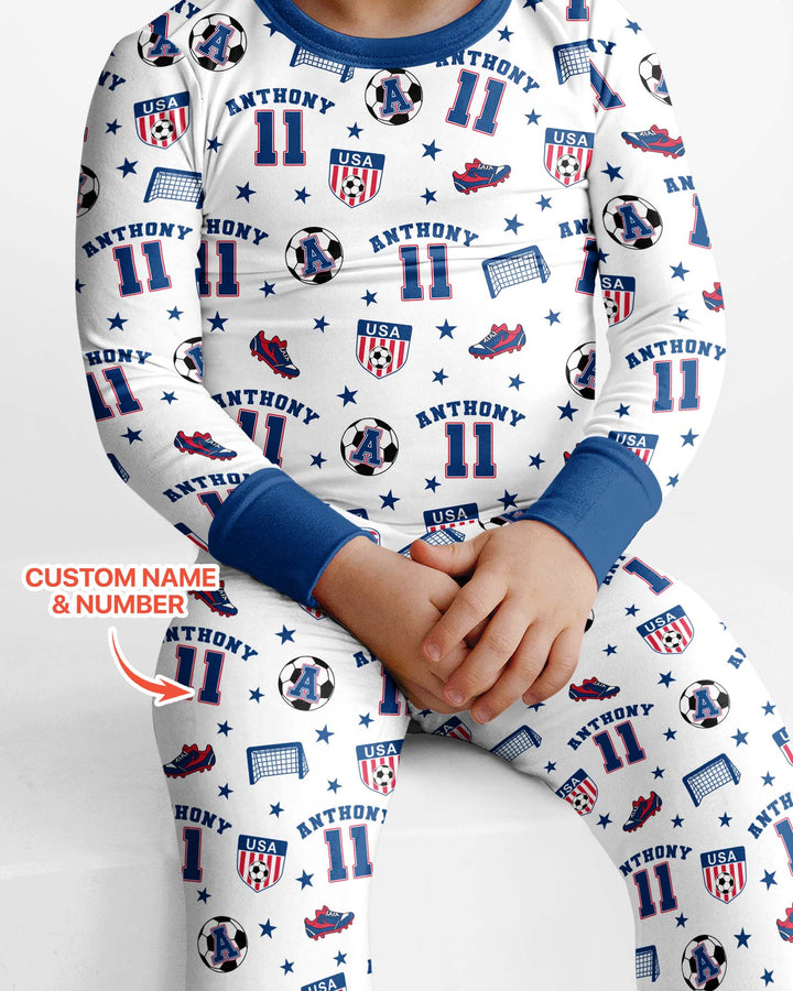Custom Name Soccer Time Bamboo Two Piece Long Sleeve Pajama Set