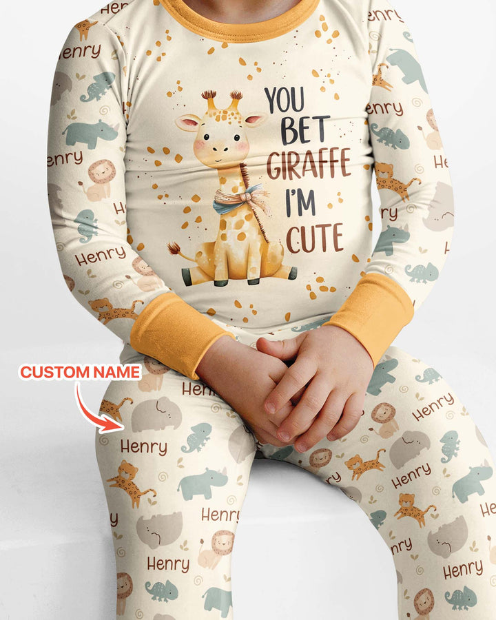 You Bet Giraffe I'm Cute Custom Name Bamboo Two Piece Long Sleeve Pajama Set
