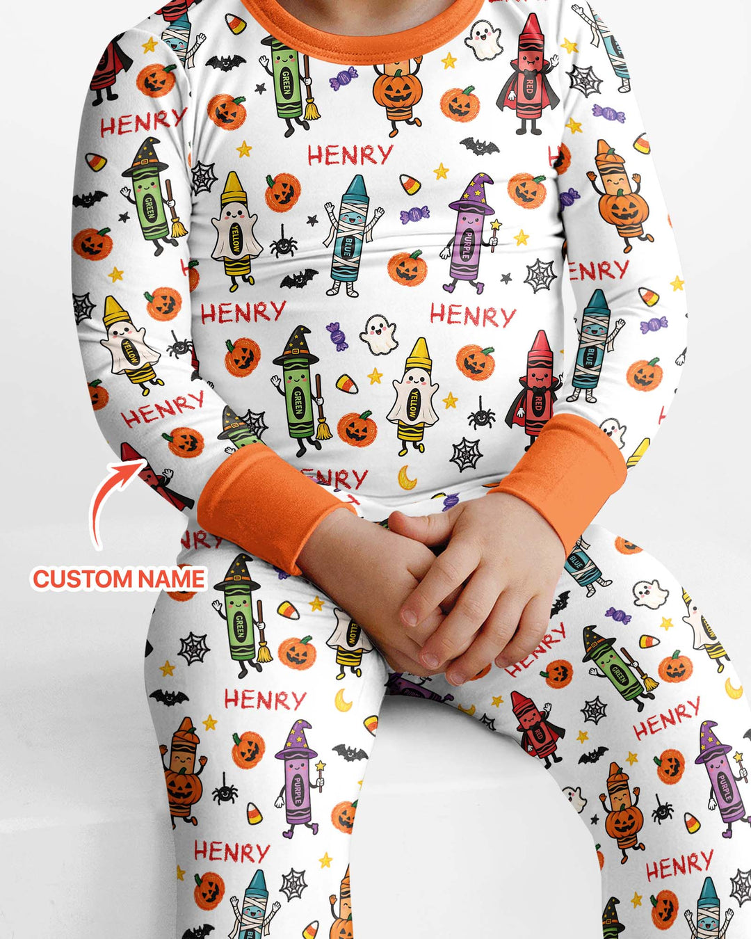 Custom Name Halloween Crayon Bamboo Two Piece Long Sleeve Pajama Set