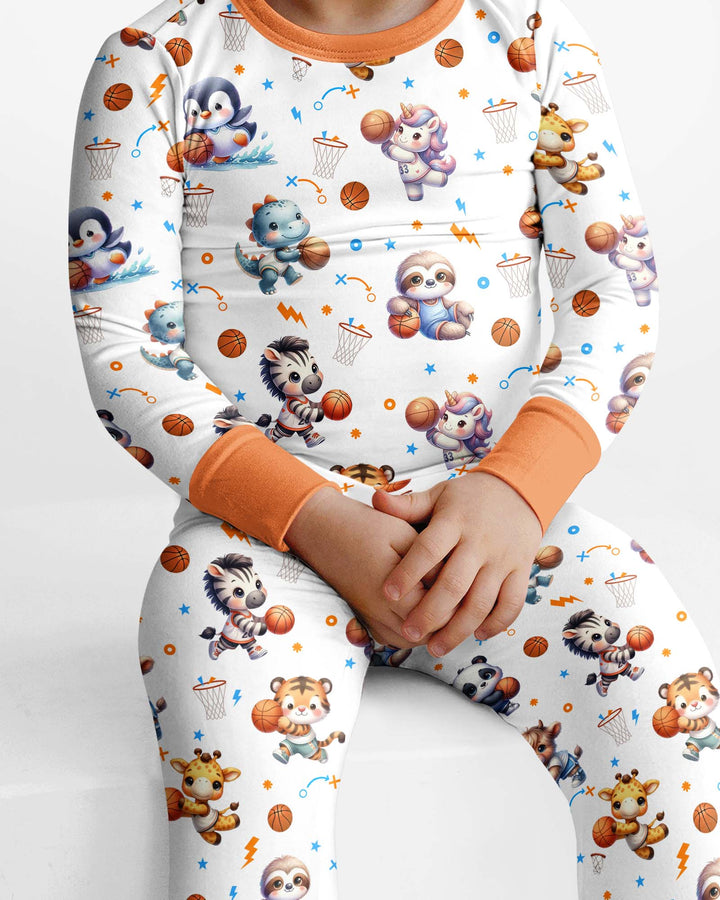 Cartoon Basketball Animals Bamboo Two Piece Long Sleeve Pajama Set