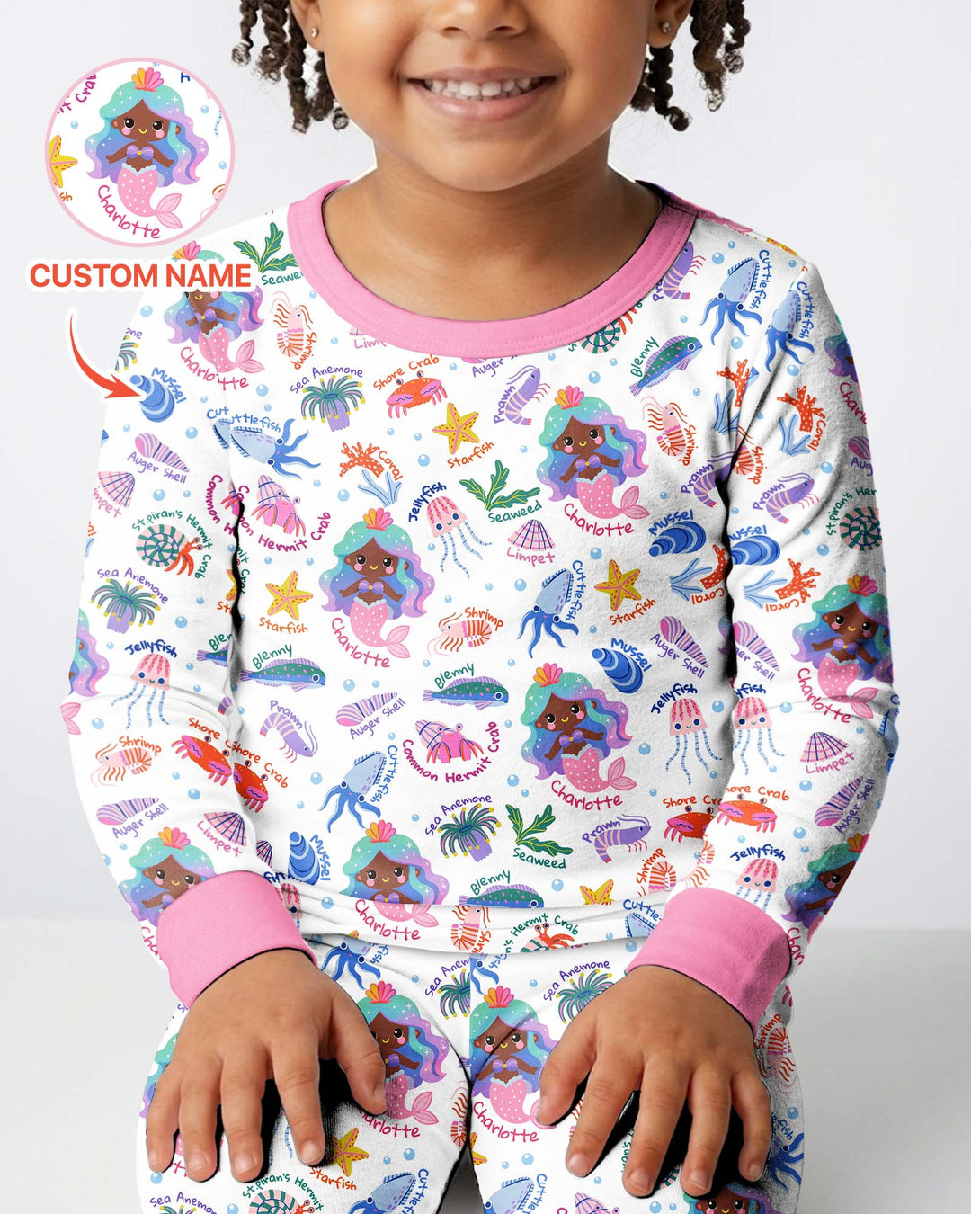 Personalized Cute Mermaid Bamboo Two Piece Long Sleeve Pajama Set