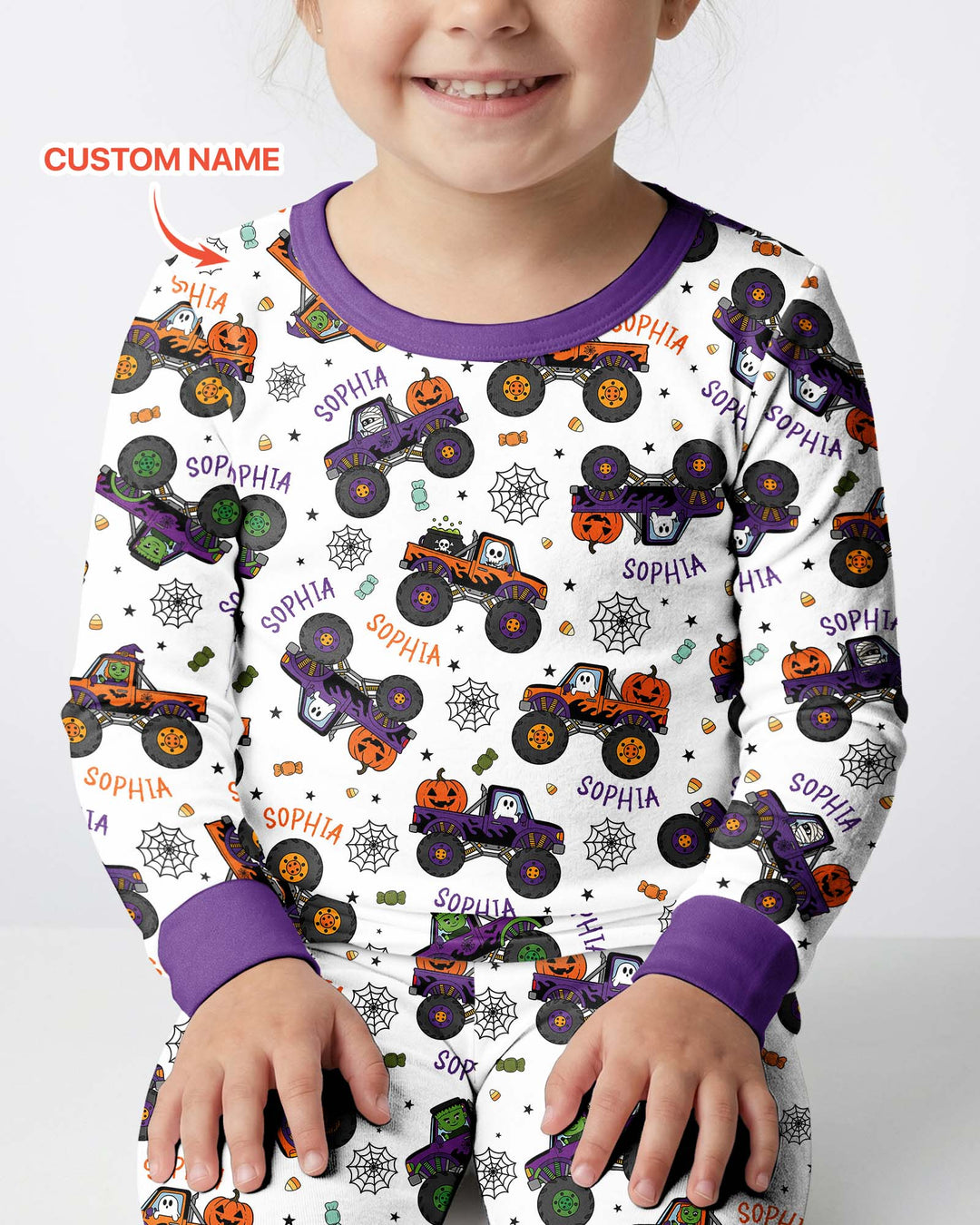 Custom Name Halloween Monster Truck Bamboo Two Piece Long Sleeve Pajama Set