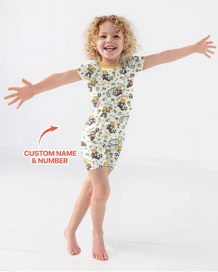 Personalized Classic Bear World Soccer Bamboo Two Piece Short Sleeve Shorts Pajama Set