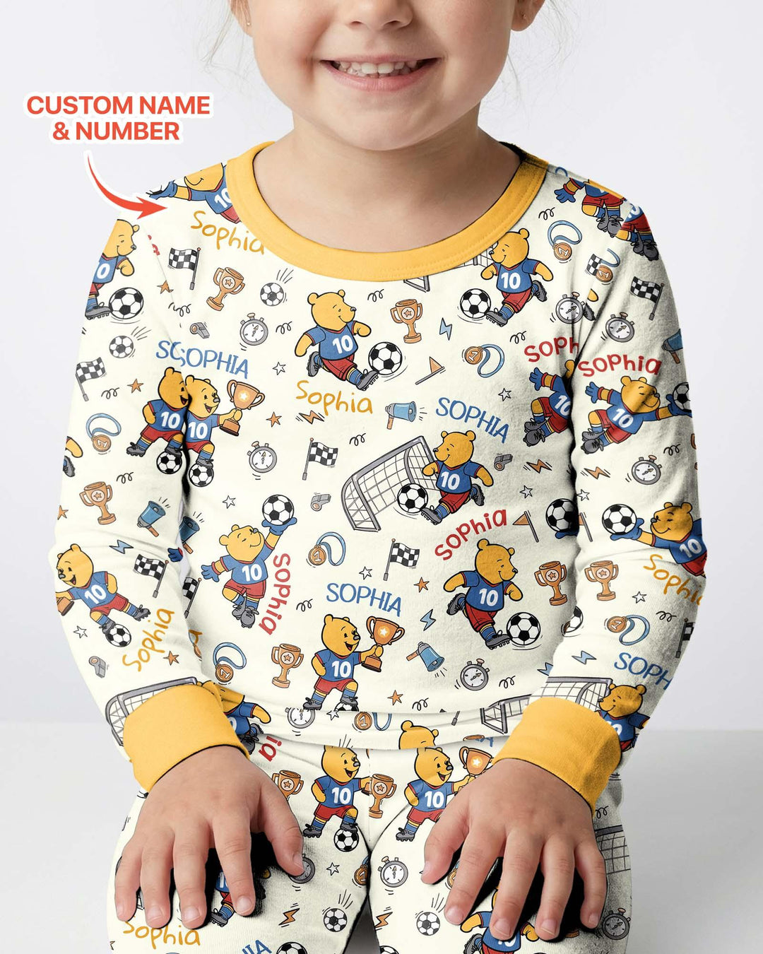 Personalized Classic Bear World Soccer Bamboo Two Piece Long Sleeve Pajama Set