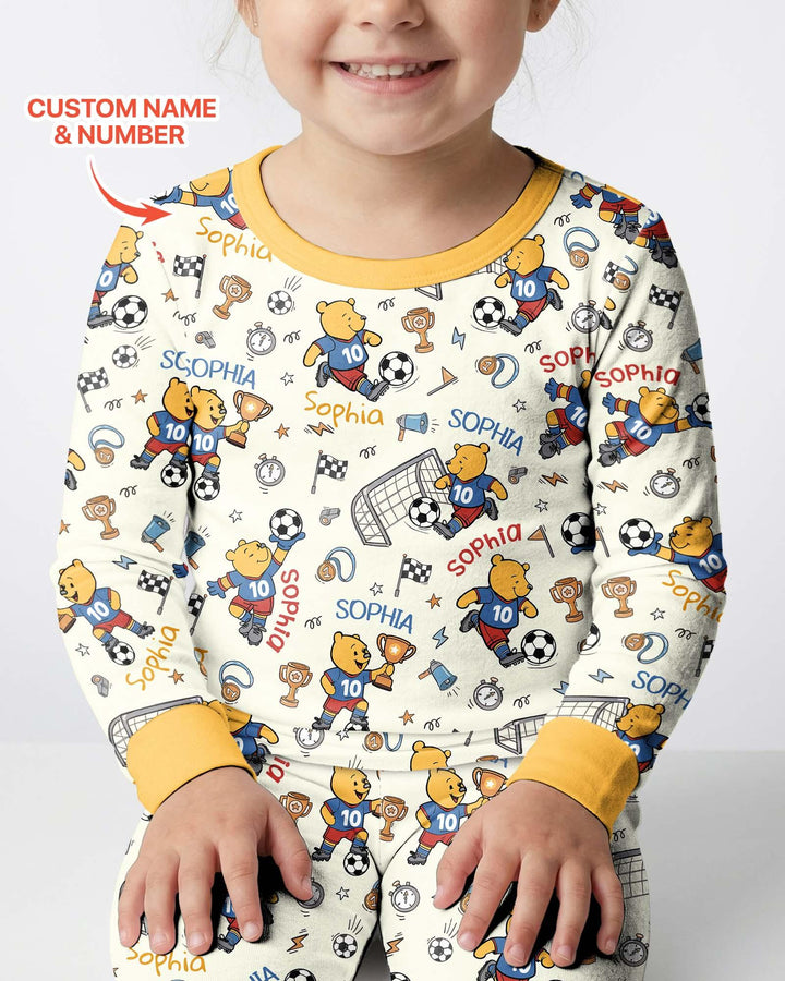 Personalized Classic Bear World Soccer Bamboo Two Piece Long Sleeve Pajama Set