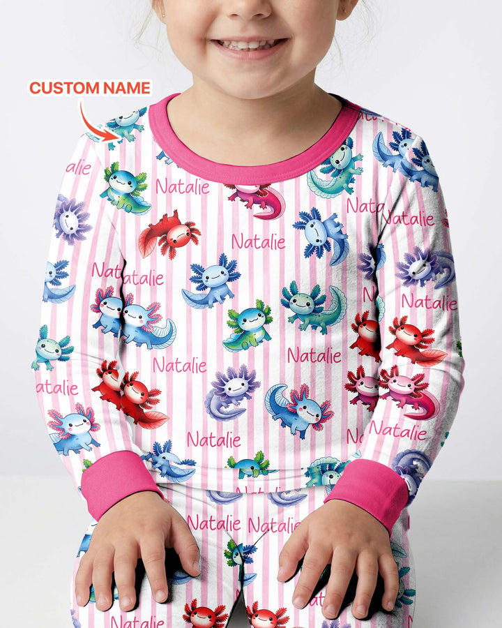 Cute Axololt Custom Name Bamboo Two Piece Long Sleeve Pajama Set