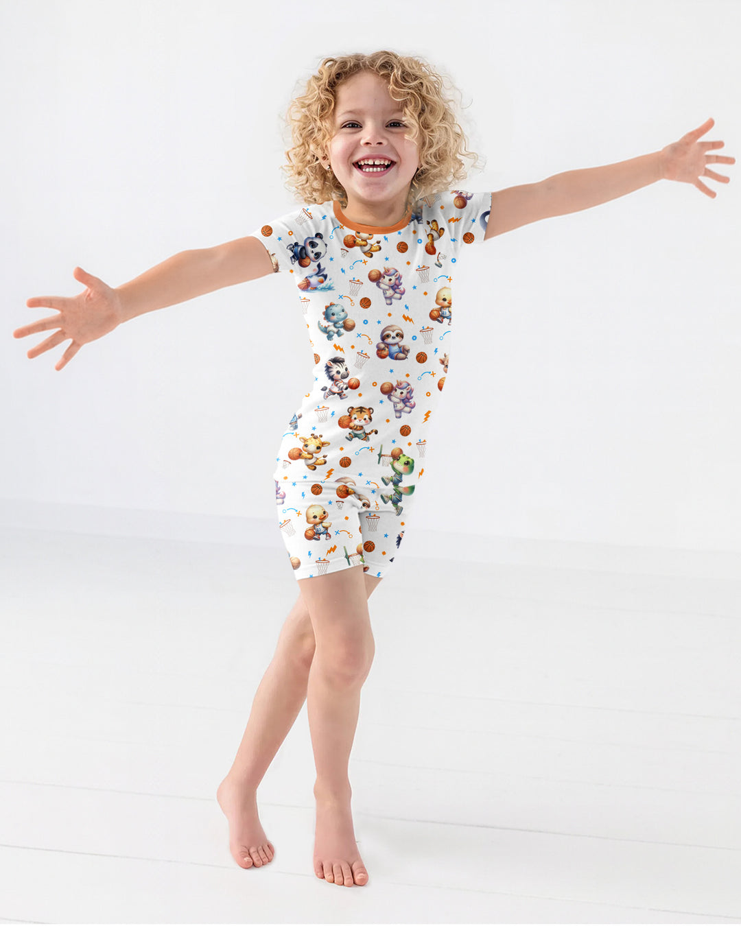 Cartoon Basketball Animals Bamboo Two Piece Short Sleeve Shorts Pajama Set