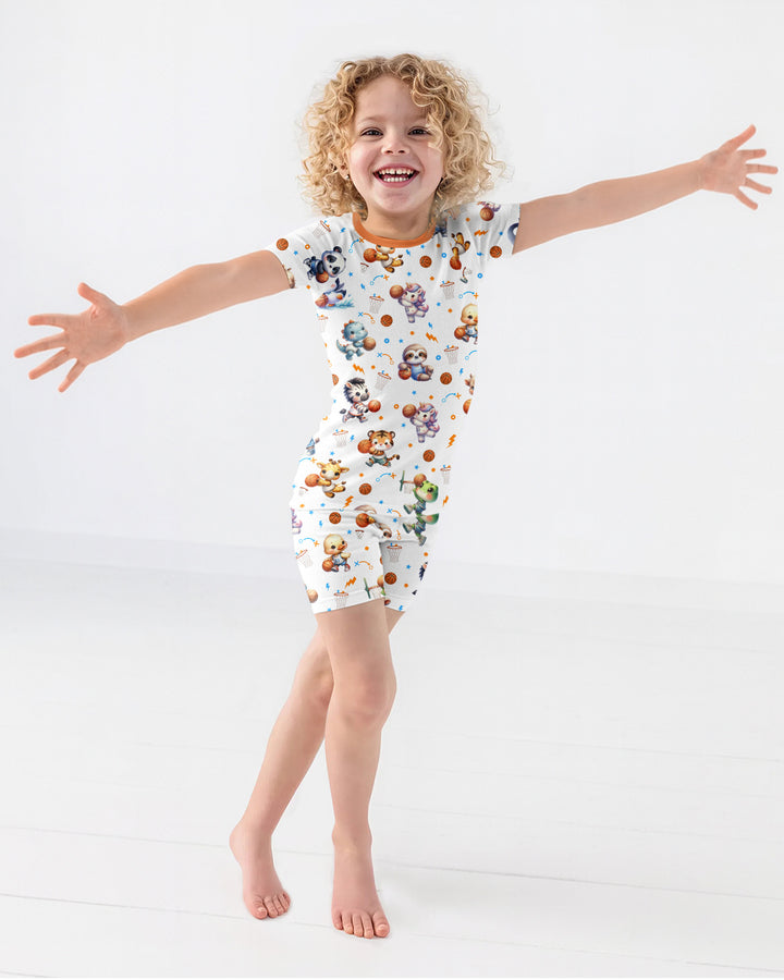 Cartoon Basketball Animals Bamboo Two Piece Short Sleeve Shorts Pajama Set