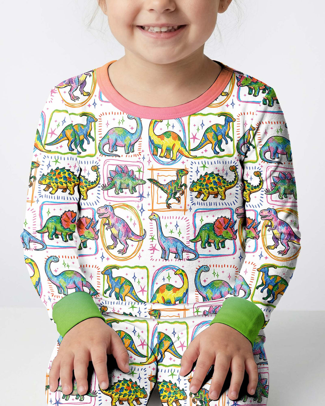 Dinosaur Colorful Stamps Bamboo Two Piece Long Sleeve Pajama Set