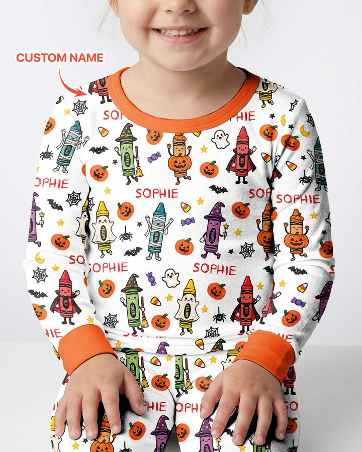 Custom Name Halloween Crayon Bamboo Two Piece Long Sleeve Pajama Set