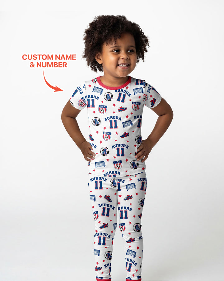 Custom Name Soccer Time Bamboo Two Piece Short Sleeve Pajama Set