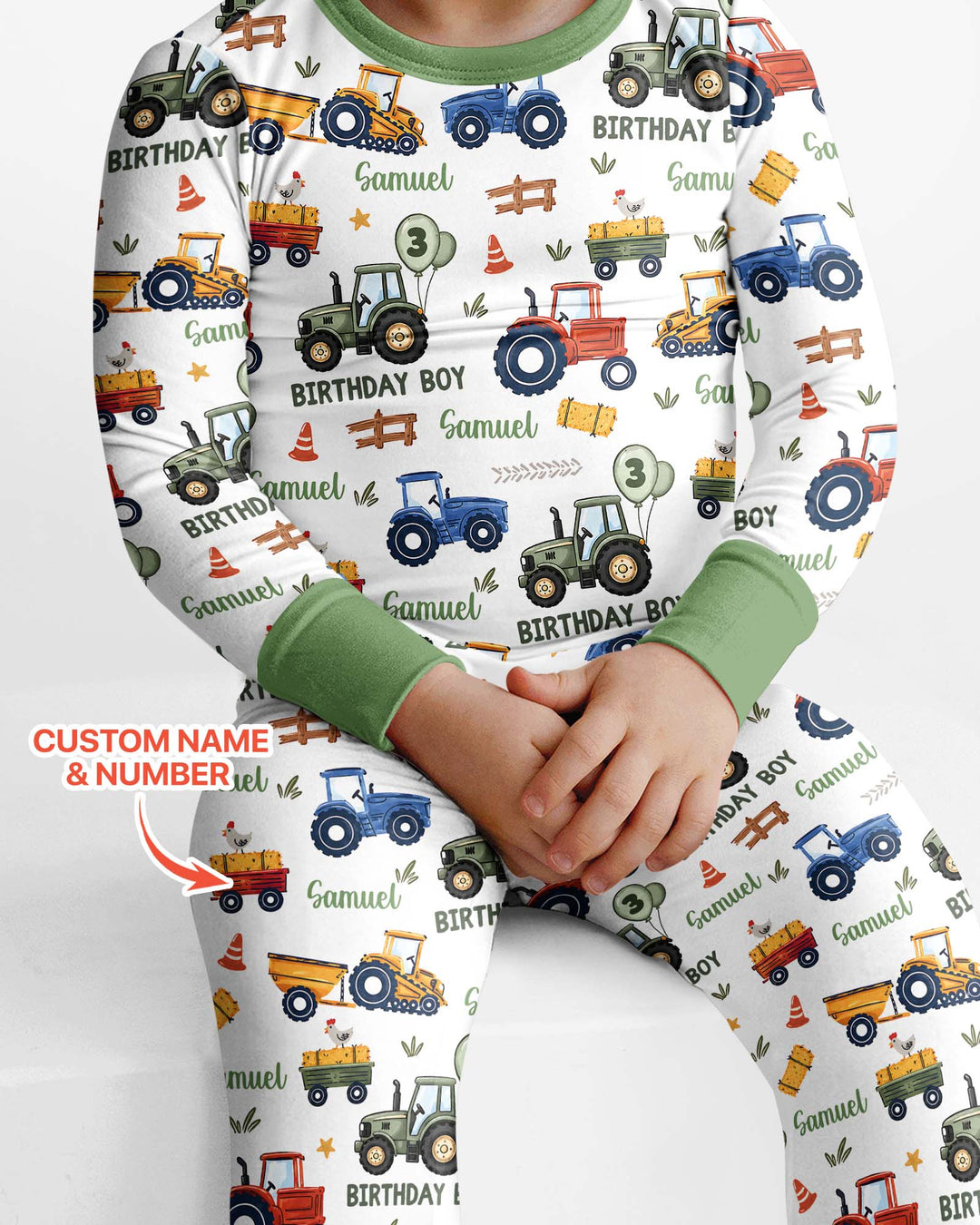 Custom Name and Age Tractor Birthday Boy Bamboo Two Piece Long Sleeve Pajama Set
