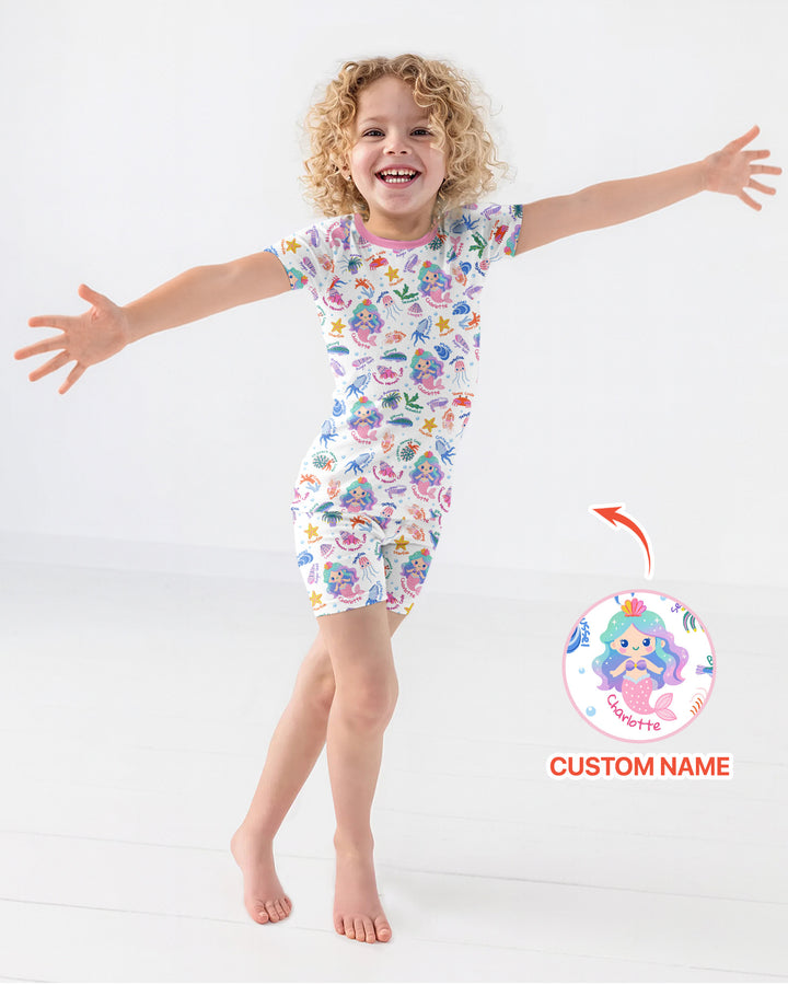 Personalized Cute Mermaid Bamboo Two Piece Short Sleeve Shorts Pajama Set