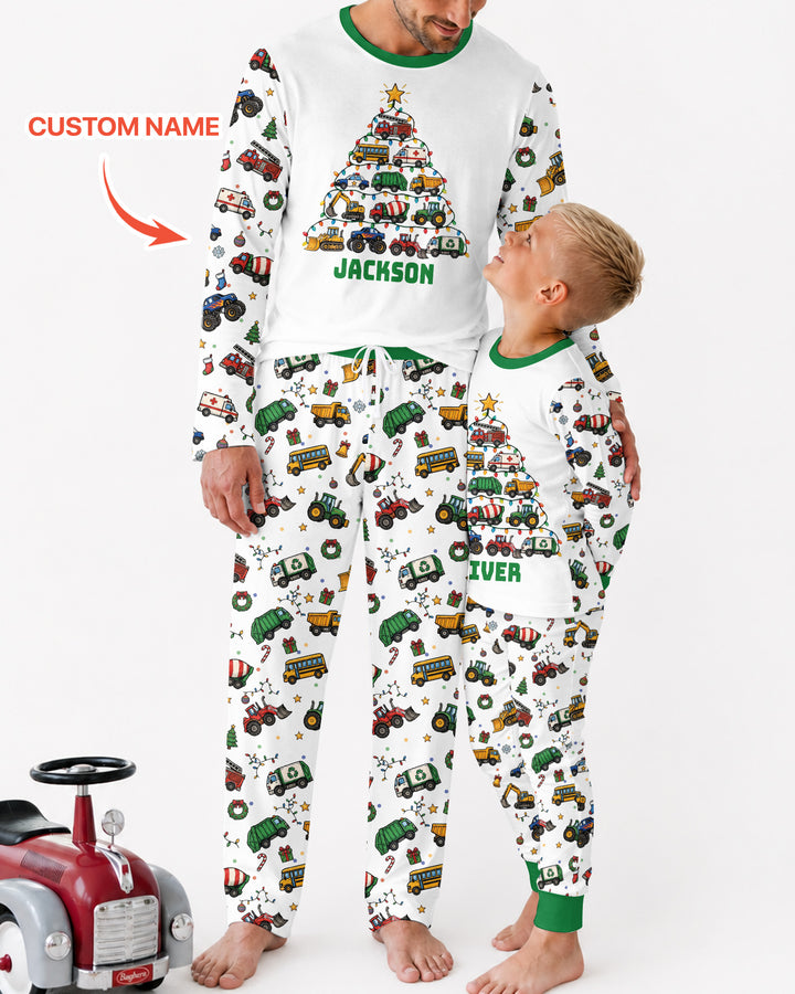 Custom Name Little Trucks Christmas Tree Bamboo Men's Pajama Set