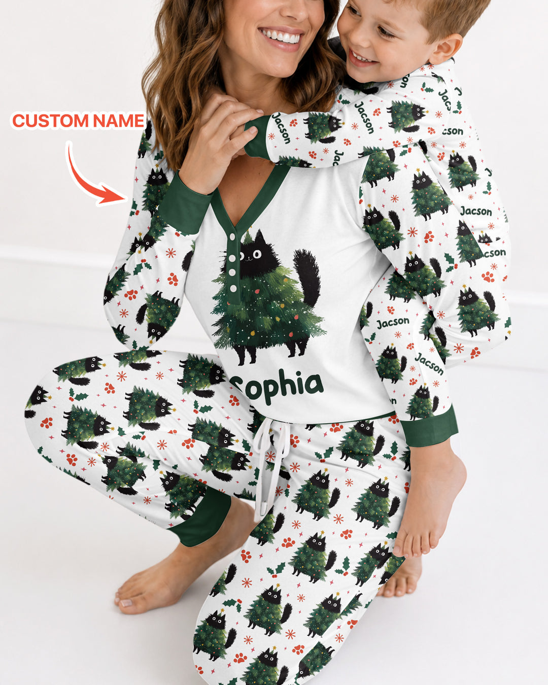 Custom Name Black Cat Christmas Bamboo Women Pajama Set