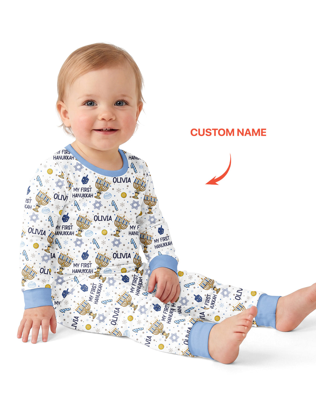 Custom Name Doodle Dreidel First Hanukkah Bamboo Two Piece Long Sleeve Pajama Set