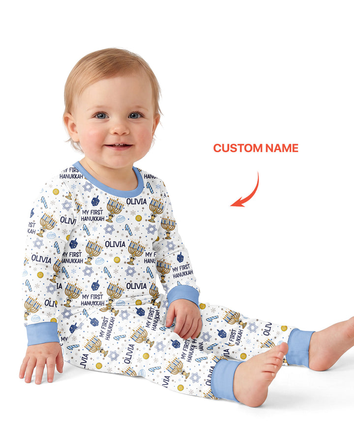Custom Name Doodle Dreidel First Hanukkah Bamboo Two Piece Long Sleeve Pajama Set