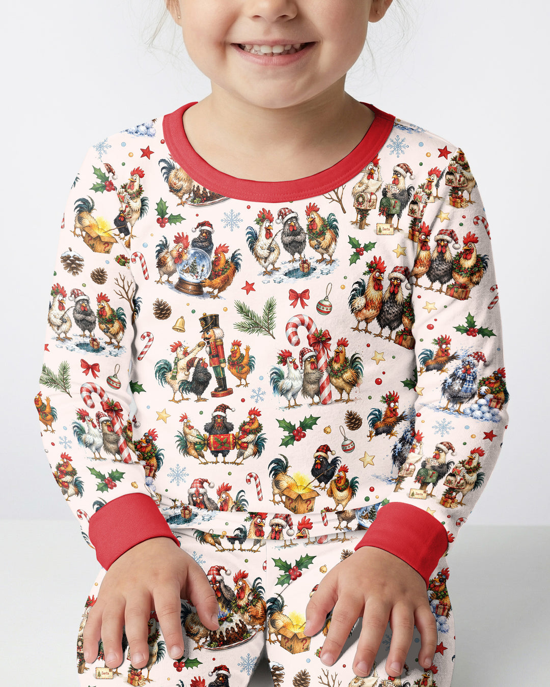 Funny Roosters On Christmas Bamboo Two Piece Long Sleeve Pajama Set