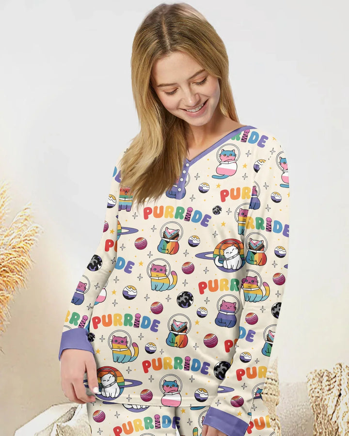 Rainbow Space Cats Family Matching Bamboo Women Pajama Set