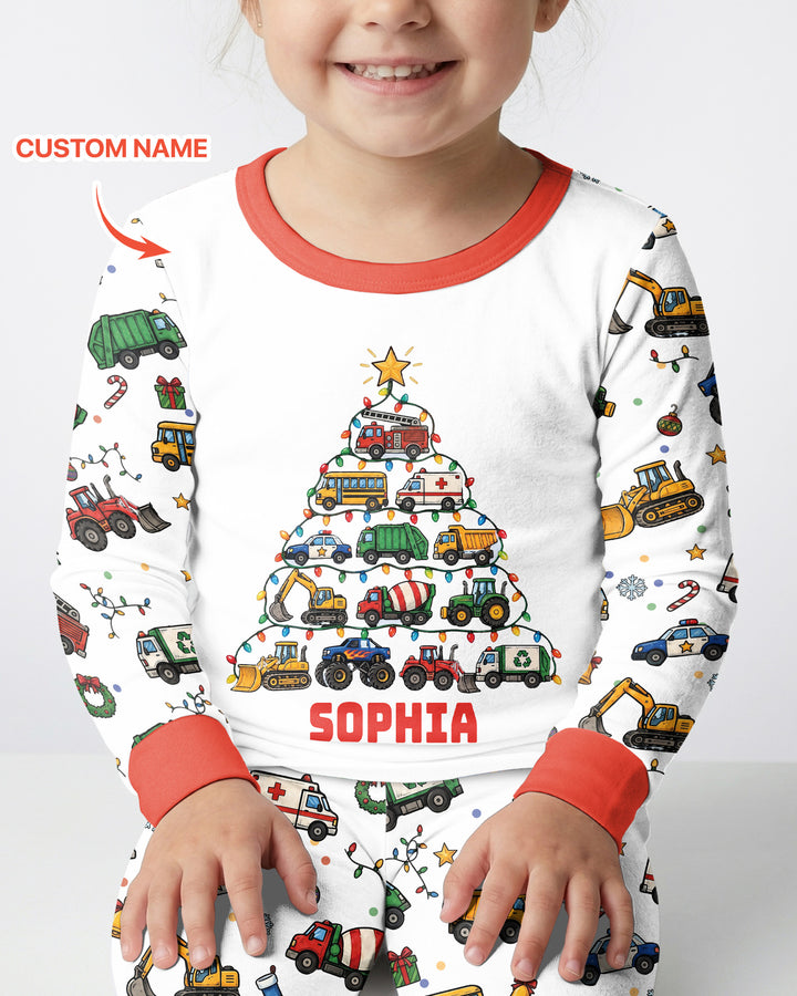 Custom Name Little Trucks Christmas Tree Bamboo Two Piece Long Sleeve Pajama Set