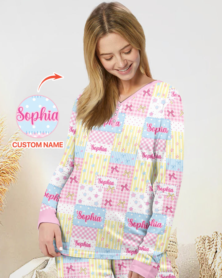Custom Name Sweet Patchwork Bamboo Women Pajama Set
