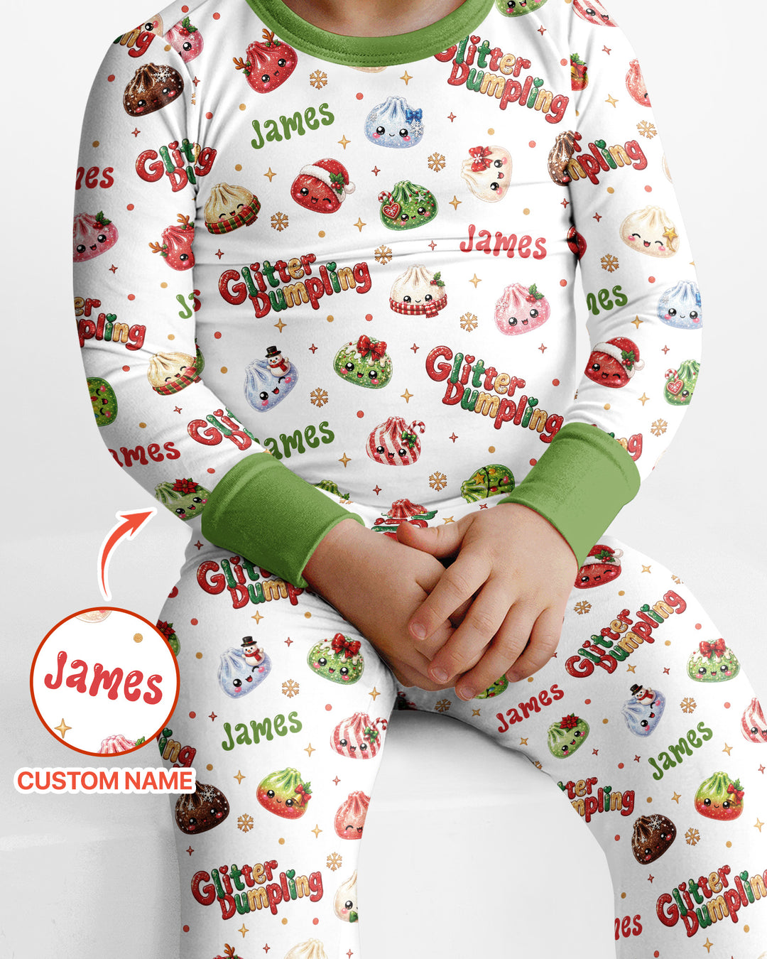 Custom Name Glitter Christmas Dumpling  Bamboo Two Piece Long Sleeve Pajama Set