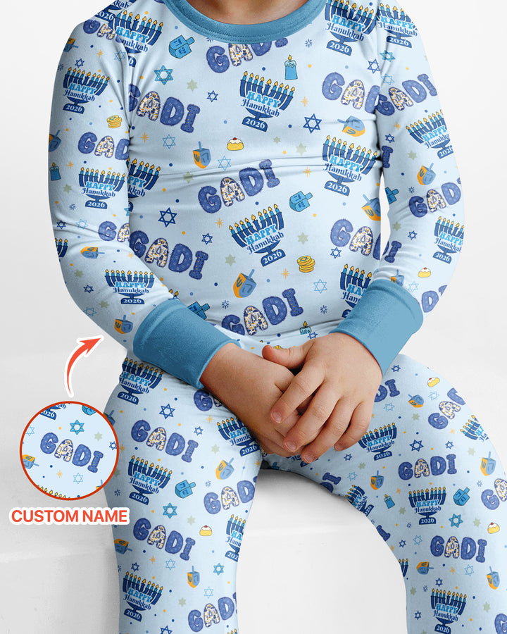 Custom name Happy Hanukkah 2026 Bamboo Two Piece Long Sleeve Pajama Set