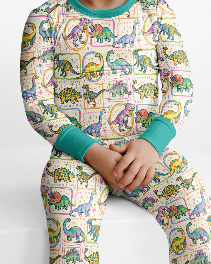 Colorful Dino Sketchbook Bamboo Two Piece Long Sleeve Pajama Set
