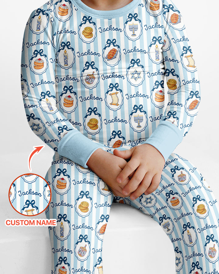 Custom Name Hanukkah Striped Bamboo Two Piece Long Sleeve Pajama Set