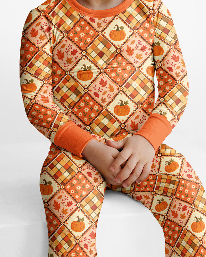 Fall Vintage Patchwork Bamboo Two Piece Long Sleeve Pajama Set