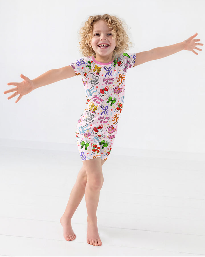 Pencil Bows God Says I Am Bamboo Two Piece Short Sleeve Shorts Pajama Set
